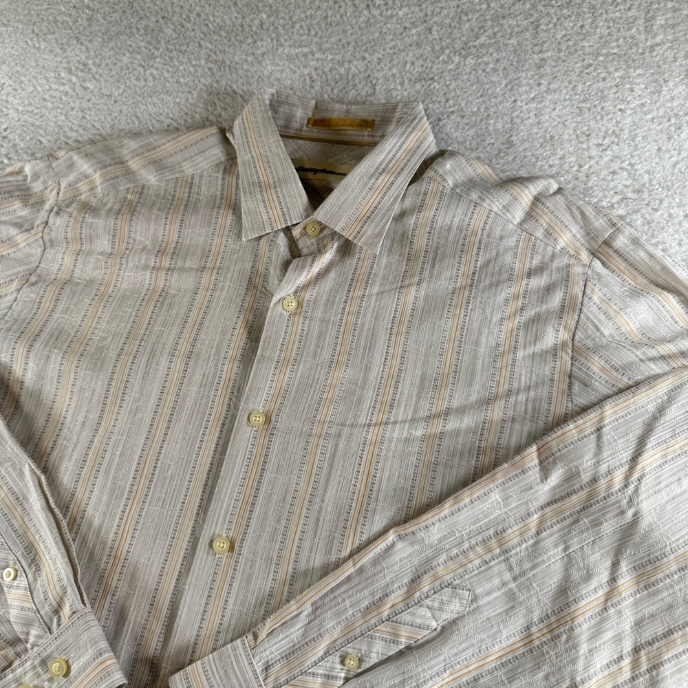 Tommy Bahama Button Down Mens Large Beige Dress Cotton Silk Striped Shirt